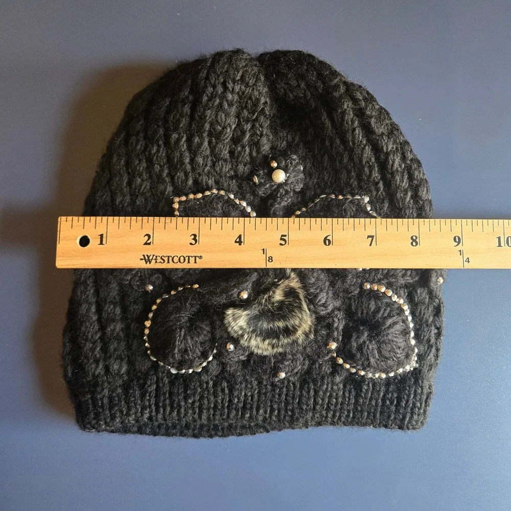 Womens Black Cable Knit Beanie Rhinestone Pearl Floral Faux Fur Winter Hat Chic